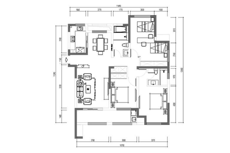 三居室户型CAD平面方案设计图免费下载_dwg格式_编号28840028
